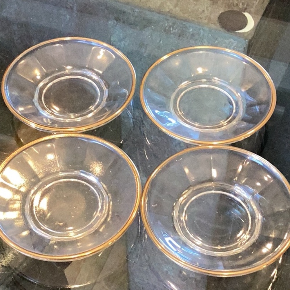 Set of Four Clear Demitasse Glass Plates with Gold Rim
